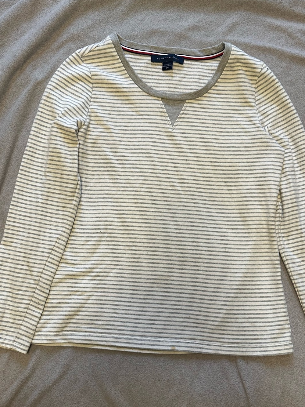 Tommy Hilfiger White & Grey Striped Long Sleeve Sweater